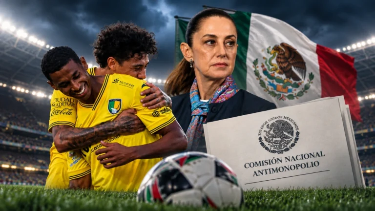Jugadores de Venados FC junto a una representación de la Comisión Nacional Antimonopolio en una imagen sobre la investigación al fútbol mexicano.