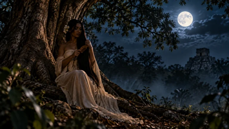 Ilustración de la Xtabay peinando su larga cabellera bajo una ceiba durante una noche en Yucatán