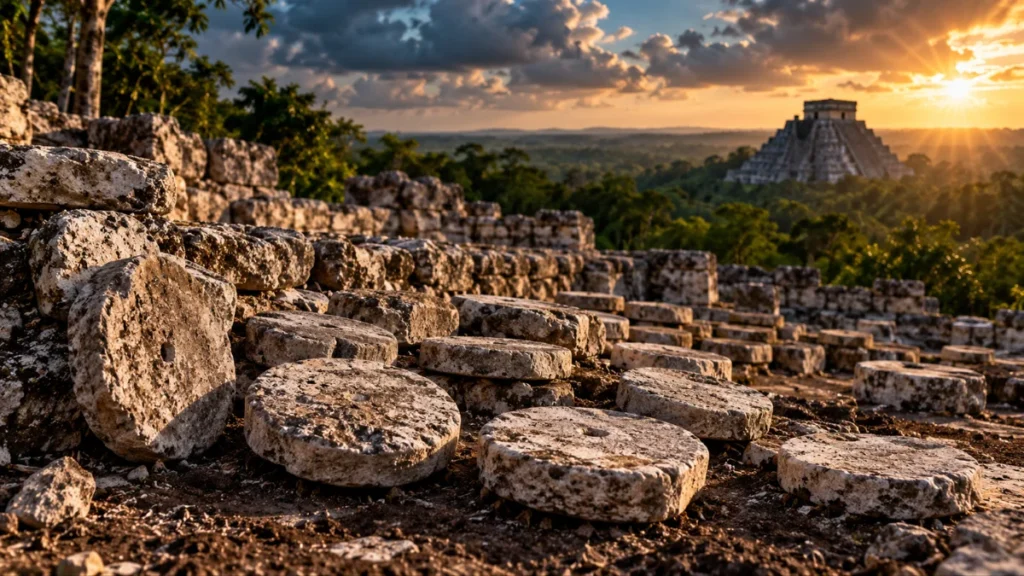 Antiguo meliponario maya con discos de piedra utilizados para colmenas de abejas meliponas