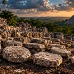Antiguo meliponario maya con discos de piedra utilizados para colmenas de abejas meliponas