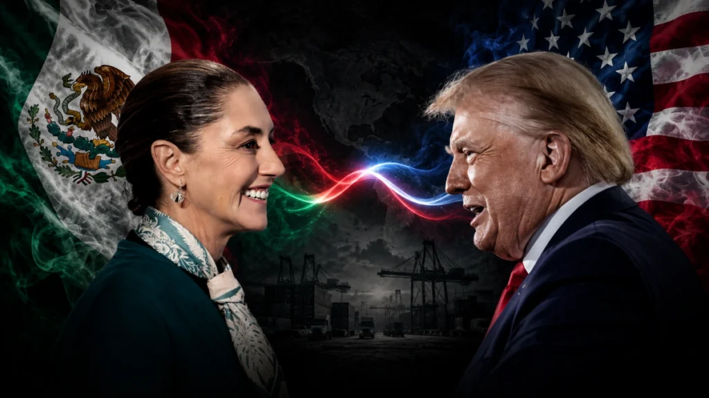 Ilustración de Claudia Sheinbaum y Donald Trump frente a frente, con las banderas de México y Estados Unidos al fondo y un entorno visual relacionado con comercio internacional.
