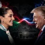 Ilustración de Claudia Sheinbaum y Donald Trump frente a frente, con las banderas de México y Estados Unidos al fondo y un entorno visual relacionado con comercio internacional.