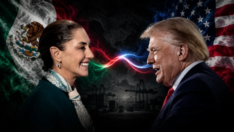 Ilustración de Claudia Sheinbaum y Donald Trump frente a frente, con las banderas de México y Estados Unidos al fondo y un entorno visual relacionado con comercio internacional.