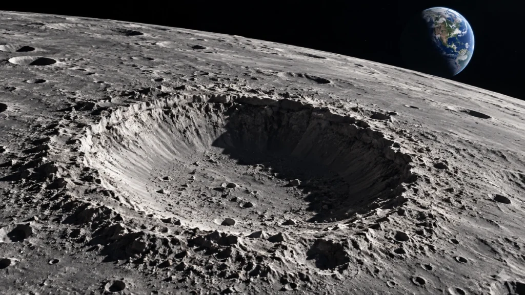 Imagen ilustrativa de un gran cráter de impacto en la superficie de la Luna