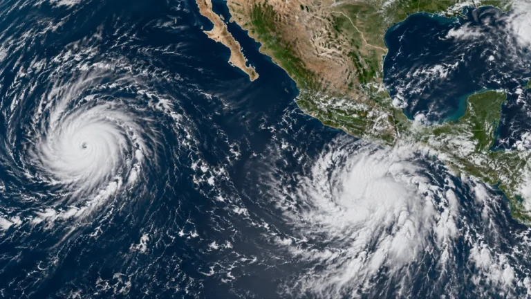 Vista satelital vertical de dos sistemas ciclónicos en el Pacífico cerca de México