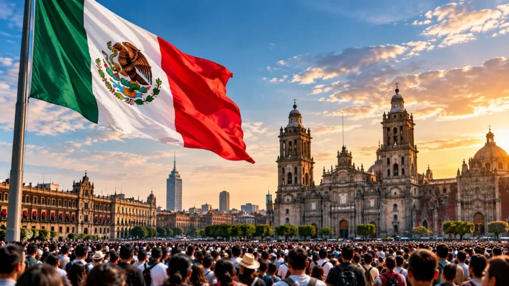 Población de México con bandera mexicana y vista del Centro Histórico de la Ciudad de México