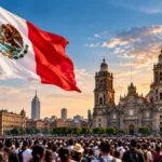 Población de México con bandera mexicana y vista del Centro Histórico de la Ciudad de México