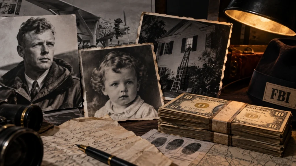 Ilustración del caso del secuestro Lindbergh de 1932 con documentos, fotografías y elementos de la investigación