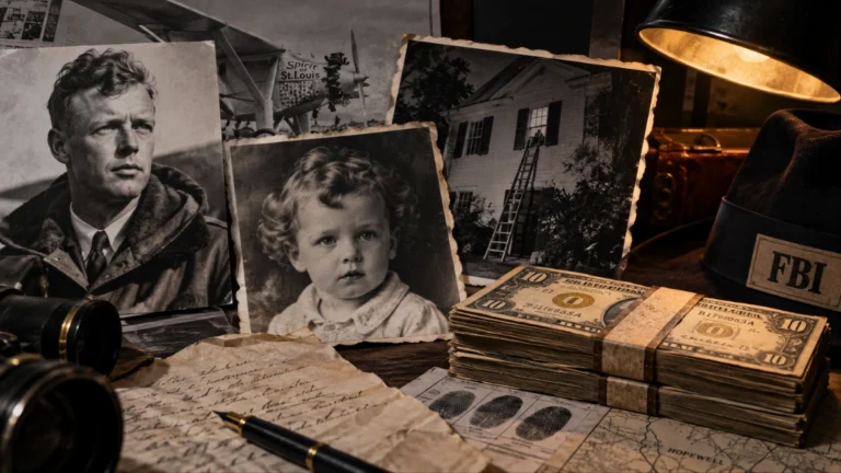 Ilustración del caso del secuestro Lindbergh de 1932 con documentos, fotografías y elementos de la investigación