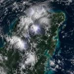 Vista satelital de tormentas eléctricas sobre la Península de Yucatán