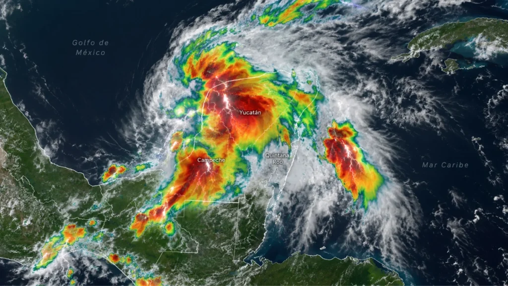 Imagen ilustrativa satelital de fuertes tormentas eléctricas sobre la Península de Yucatán.
