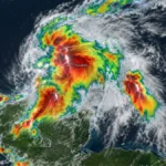Imagen ilustrativa satelital de fuertes tormentas eléctricas sobre la Península de Yucatán.