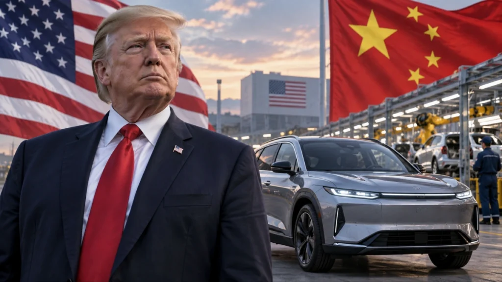 Donald Trump frente a una planta automotriz con un automóvil y las banderas de Estados Unidos y China