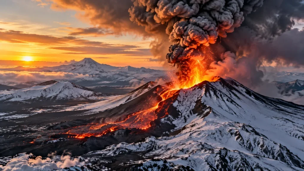 Imagen ilustrativa de un volcán en erupción con lava y una columna de ceniza en Kamchatka, Rusia