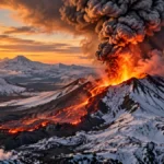 Imagen ilustrativa de un volcán en erupción con lava y una columna de ceniza en Kamchatka, Rusia