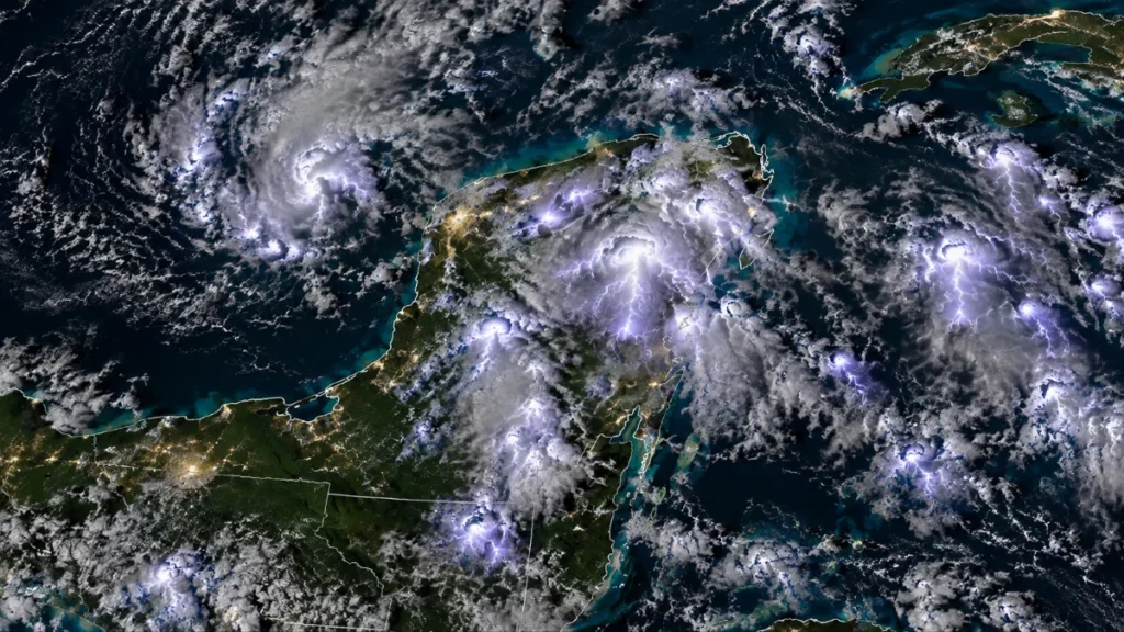 Tormentas eléctricas y grandes nubes de lluvia sobre la Península de Yucatán.