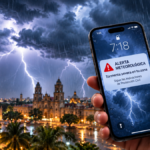 Alerta meteorológica por tormenta severa mostrada en un teléfono celular en México