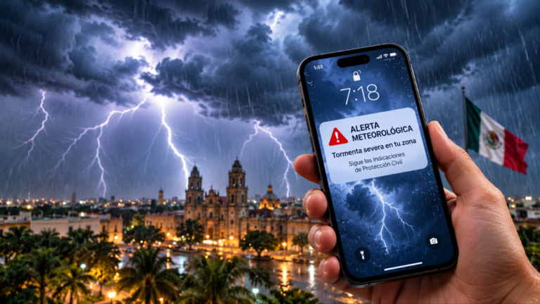 Alerta meteorológica por tormenta severa mostrada en un teléfono celular en México