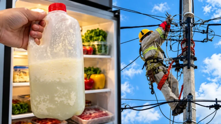 Alimentos afectados por falta de refrigeración junto a trabajador que realiza labores en una red eléctrica.