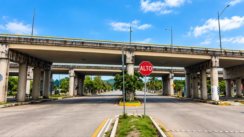 Paso superior vehicular de la 50 Sur en Mérida, Yucatán, representado ante los cierres programados por trabajos de mantenimiento.