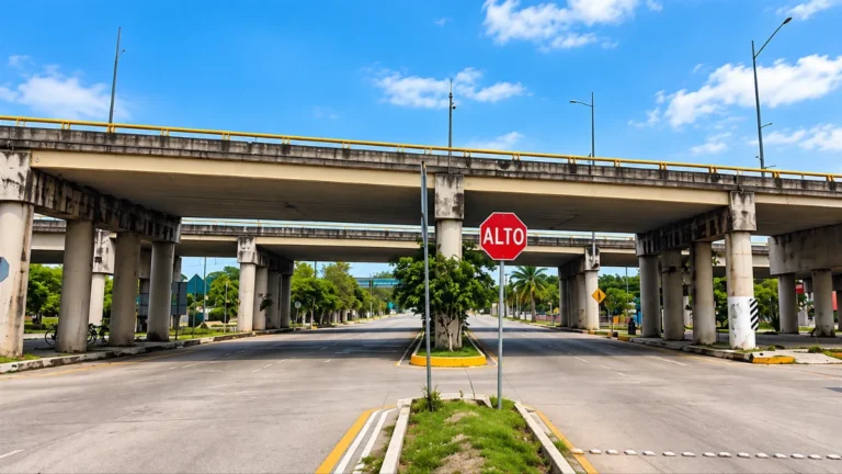 Paso superior vehicular de la 50 Sur en Mérida, Yucatán, representado ante los cierres programados por trabajos de mantenimiento.