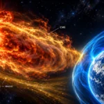 Eyección de masa coronal del Sol aproximándose a la Tierra y su magnetosfera