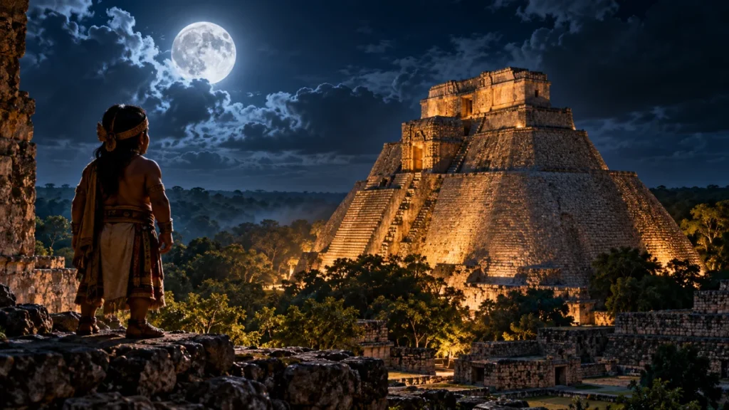 Representación del Enano de Uxmal observando una pirámide maya durante la noche, inspirada en la leyenda yucateca.