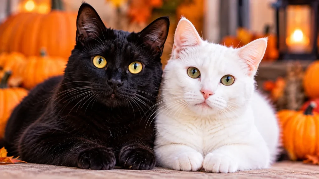 Gato negro y gato blanco juntos, imagen ilustrativa sobre la suspensión temporal de adopciones durante Halloween en México.