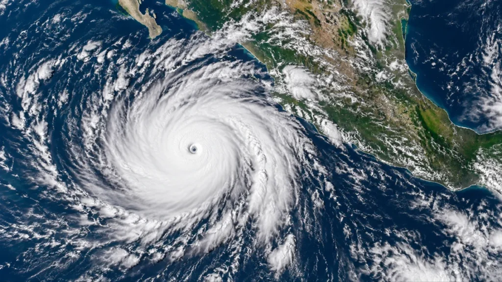 Vista satelital del huracán Simón categoría 3 frente a las costas del Pacífico mexicano.