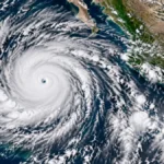 Vista satelital ilustrativa de un poderoso huracán sobre el océano Pacífico, frente a las costas de México.