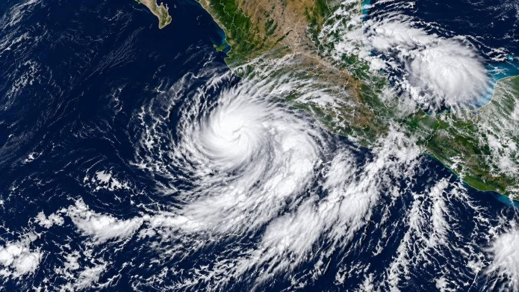 Vista satelital ilustrativa del huracán Trudy de categoría 3 sobre el océano Pacífico, frente a las costas de México