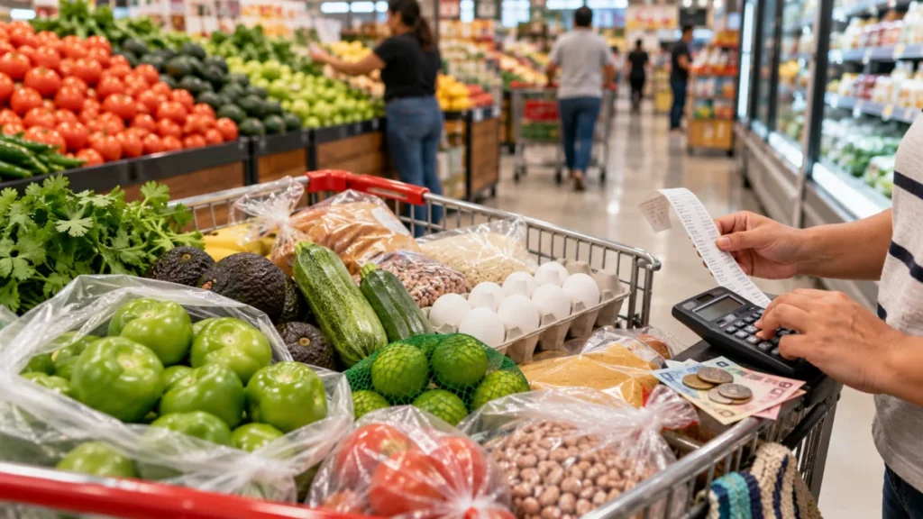Productos de la canasta básica en un supermercado de México, imagen ilustrativa del aumento de precios.