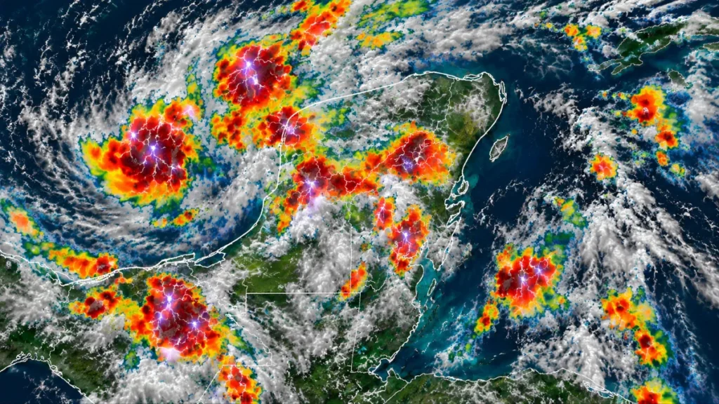 Imagen ilustrativa de la Península de Yucatán con abundante nubosidad, lluvias y tormentas eléctricas