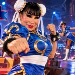 Lyn May caracterizada como Chun-Li en un comercial de FUD inspirado en Street Fighter