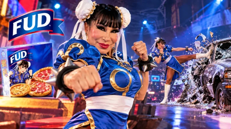 Lyn May caracterizada como Chun-Li en un comercial de FUD inspirado en Street Fighter