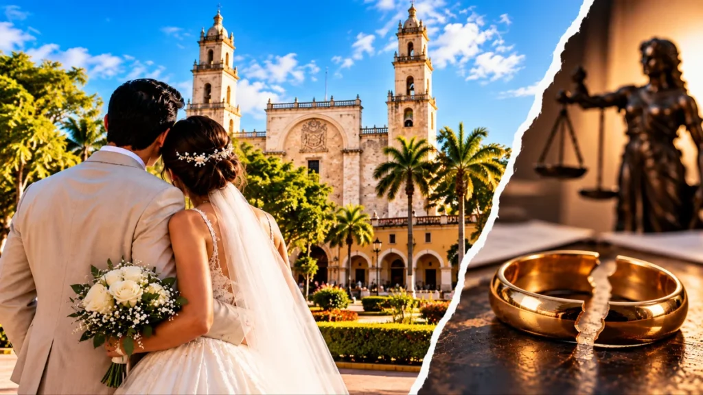 Pareja de recién casados y anillo roto ilustran las cifras de matrimonios y divorcios en Yucatán durante 2025.