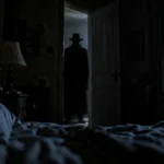 Silueta oscura con sombrero en una habitación durante la noche
