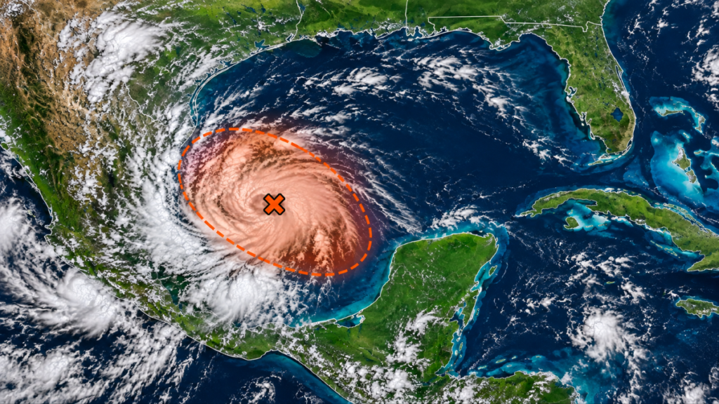 Sistema con potencial de desarrollo ciclónico en el Golfo de México cerca de la península de Yucatán