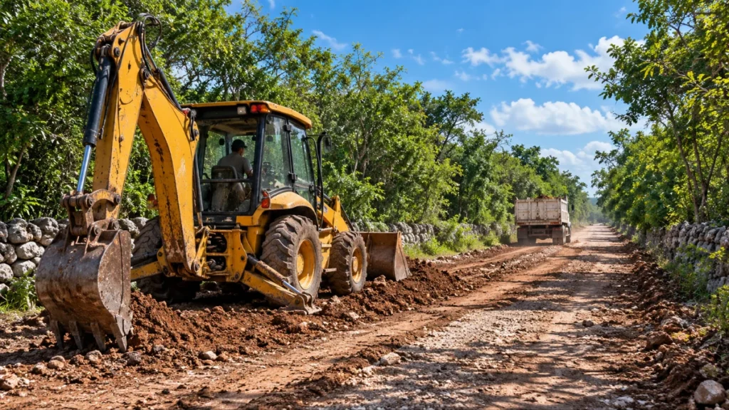 Maquinaria trabajando en la rehabilitación de un camino rural en Yucatán