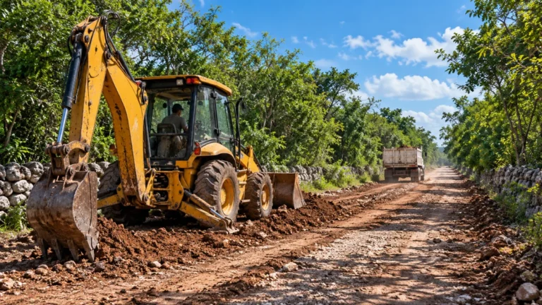 Maquinaria trabajando en la rehabilitación de un camino rural en Yucatán