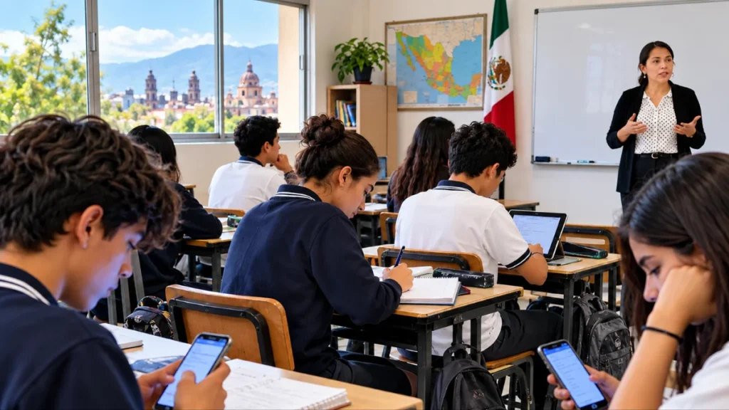 Estudiante con teléfono celular dentro de un salón de clases en México.