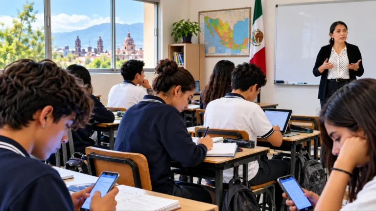 Estudiante con teléfono celular dentro de un salón de clases en México.