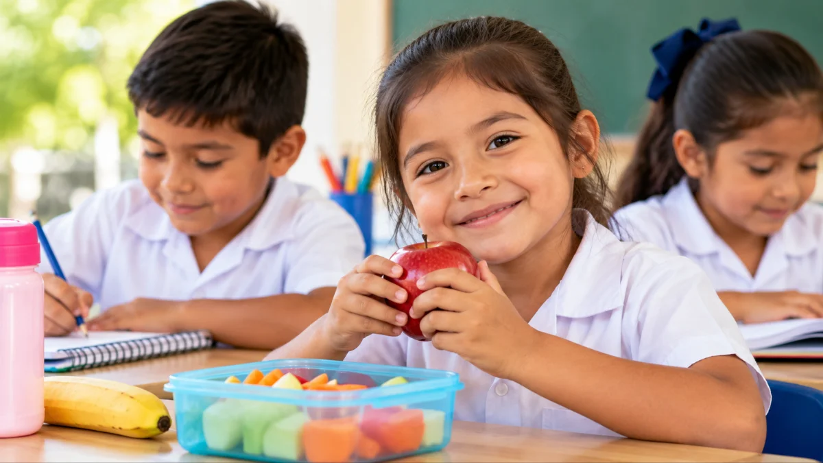 Niños en un salón de clases con alimentos saludables, representando la educación y nutrición infantil en Yucatán.