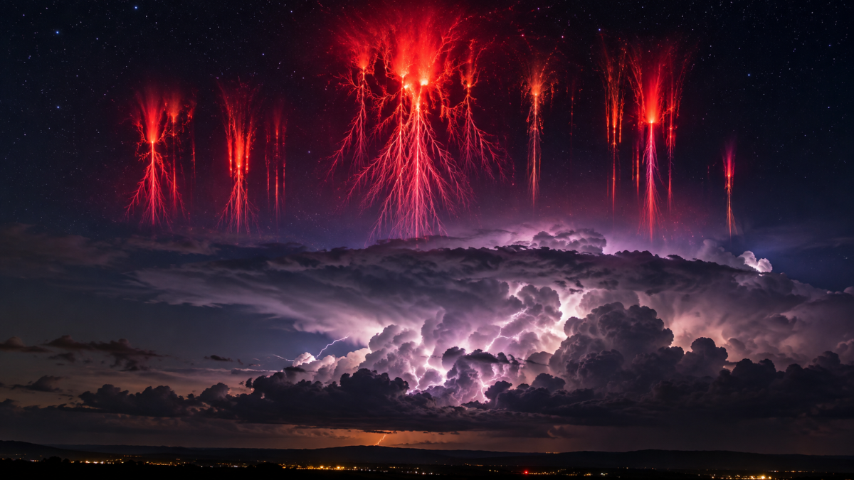 Sprites rojos de gran altura sobre una tormenta eléctrica nocturna
